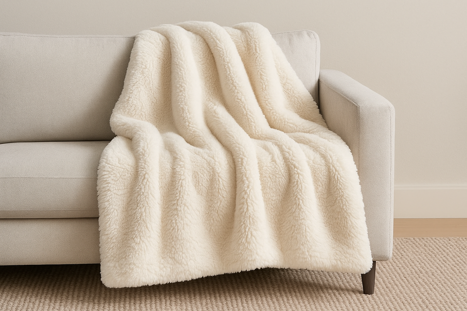Manta Pelúcia Creme Pelo Alto - Sofá Luxo 125x150cm